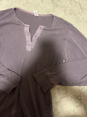 Gray Striped Henley Long Sleeve Top